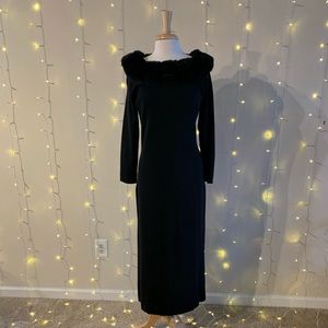 Dana Buchman Black Knit Dress with Faux Fur Collar, Size Large